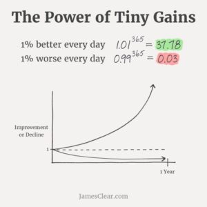 the power of tiny gains. graph that reprsents the improvement or decline over one year if you improve 1% each day (compound growth rate formula) 